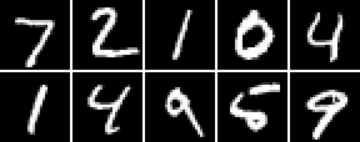 Ten MNIST test digits rendered from the "julia" format